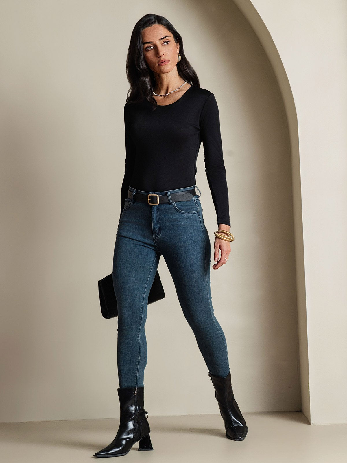 [Svart] SilkSilky-NO Silke Long Sleeve Round Neck T-skjorte for Kvinner 007