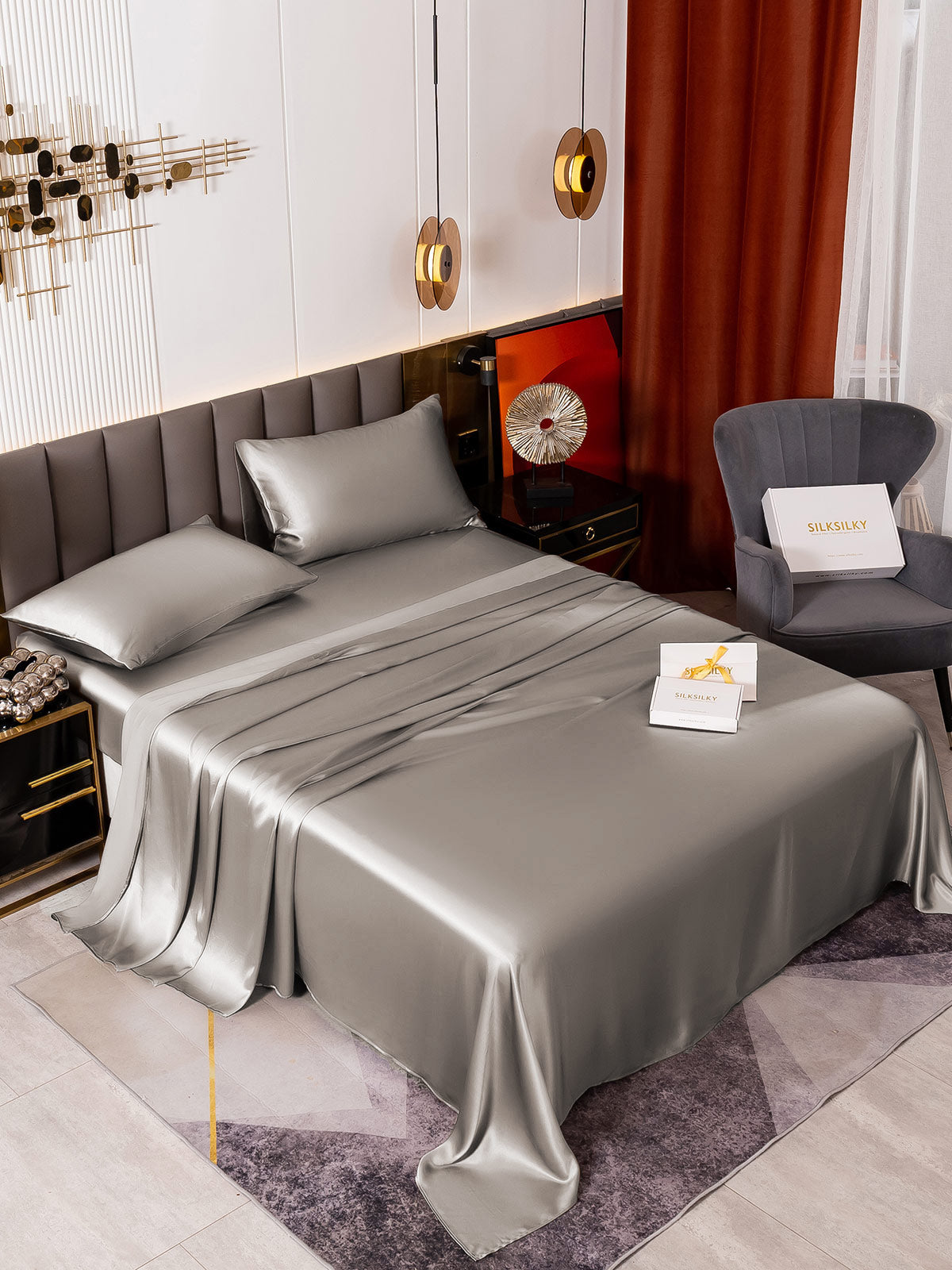[Grå] SilkSilky-NO 19Momme Bedding Set 001
