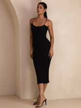 [Svart] SilkSilky-NO Spaghetti Strap Boat Neck Kjole 006