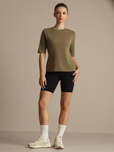 [Brent Oliven] SilkSilky-NO Halv erme Tett Crew Neck T-skjorte for Kvinner 001