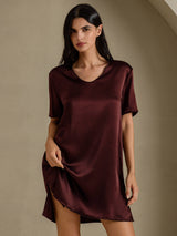 [Brun] SilkSilky-NO Half Sleeve V Neck Nattkjole 001