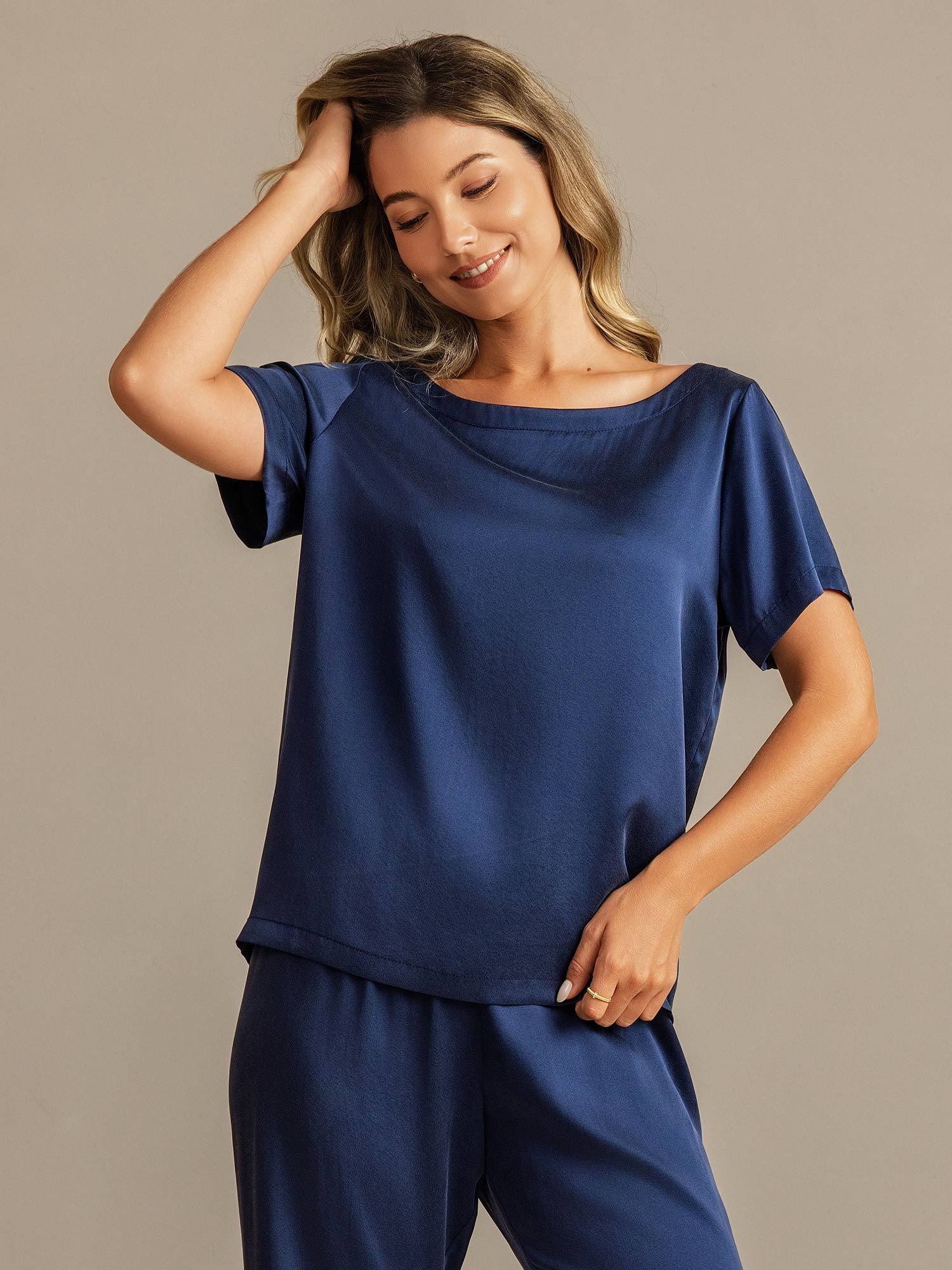 [Mørke blå] SilkSilky-NO 19Momme Silke Womens Pajamas 003