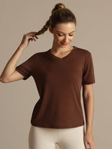 [Kaffe] SilkSilky-NO Kort erm V Hals T-skjorte for Kvinner 004