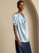 [Gråblå] SilkSilky-NO Short Sleeve Cowl Neck Damebluser 006