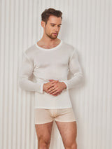 [Hvit] SilkSilky-NO Long Sleeve Round Neck T-skjorte for Menn 001