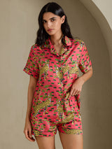 [Korallfarget Serval] SilkSilky-NO Short Sleeve Notch Collar Pyjamas for Kvinner 003