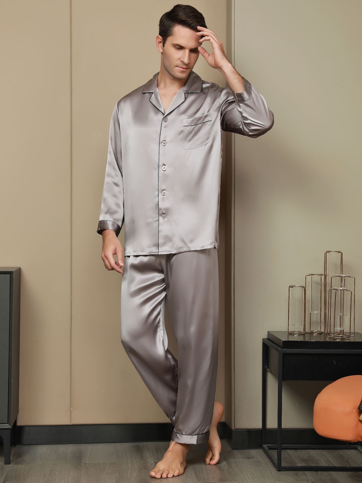 SilkSilky  Pure Silk Long Sleeve Lapel Men's Pajamas Gray 002