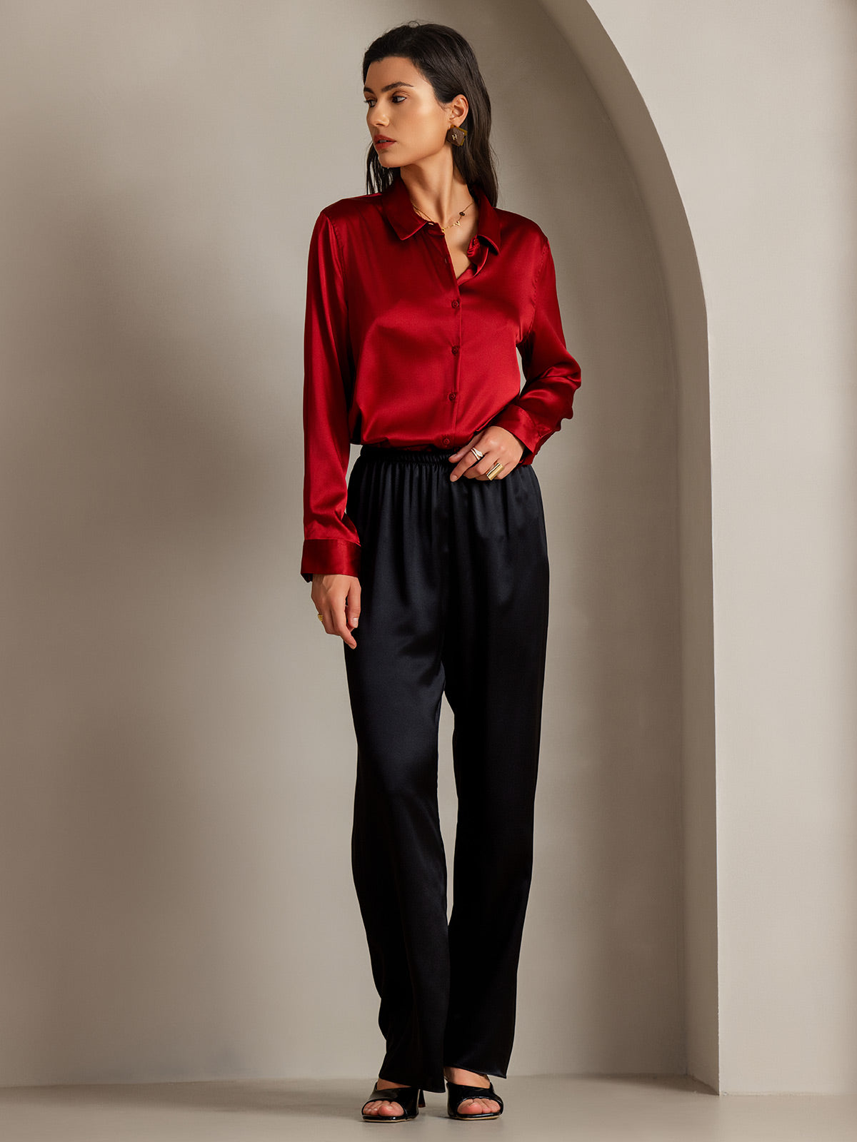 [Rød] SilkSilky-NO Silke Lapel Collar Skjorte for Kvinner 006