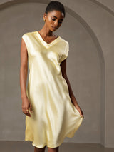 [Gul] SilkSilky-NO Cap Sleeve V Neck Nattkjole 003