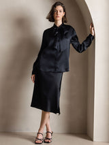 [Svart] SilkSilky-NO Long Sleeve Tie Neck Damebluser 001