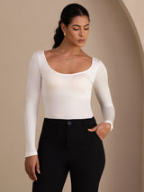 [Hvit] SilkSilky-NO Long Sleeve U-hals T-skjorte for Kvinner 003