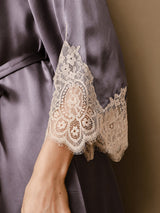 [Lilla Grå] SilkSilky-NO 3/4 Sleeve V Neck Nattkjole og Morgenkåpesett 007