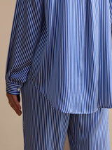 [Blå Nålestripete] SilkSilky-NO Long Sleeve Lapel Collar Women's Outfit Sets 006