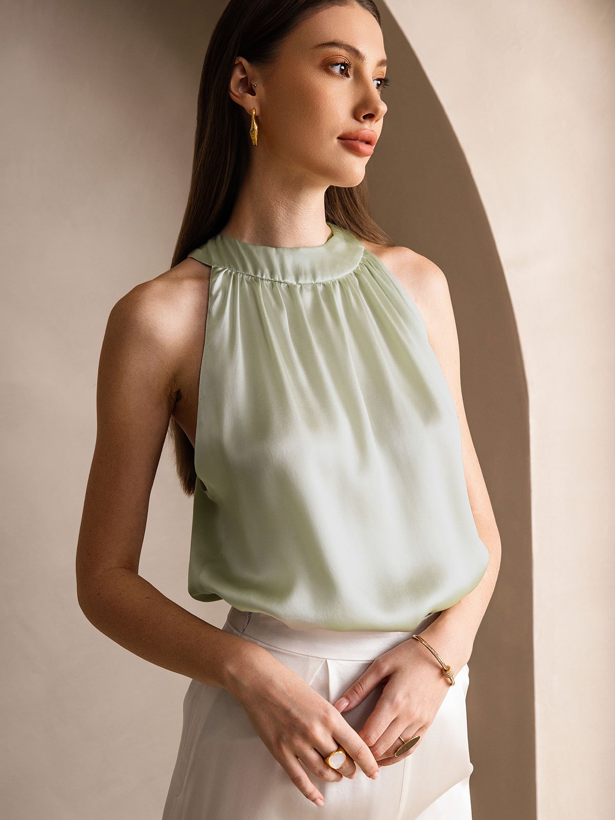 [Lysegrønn] SilkSilky-NO 19Momme Silke Womens T-Shirt 003