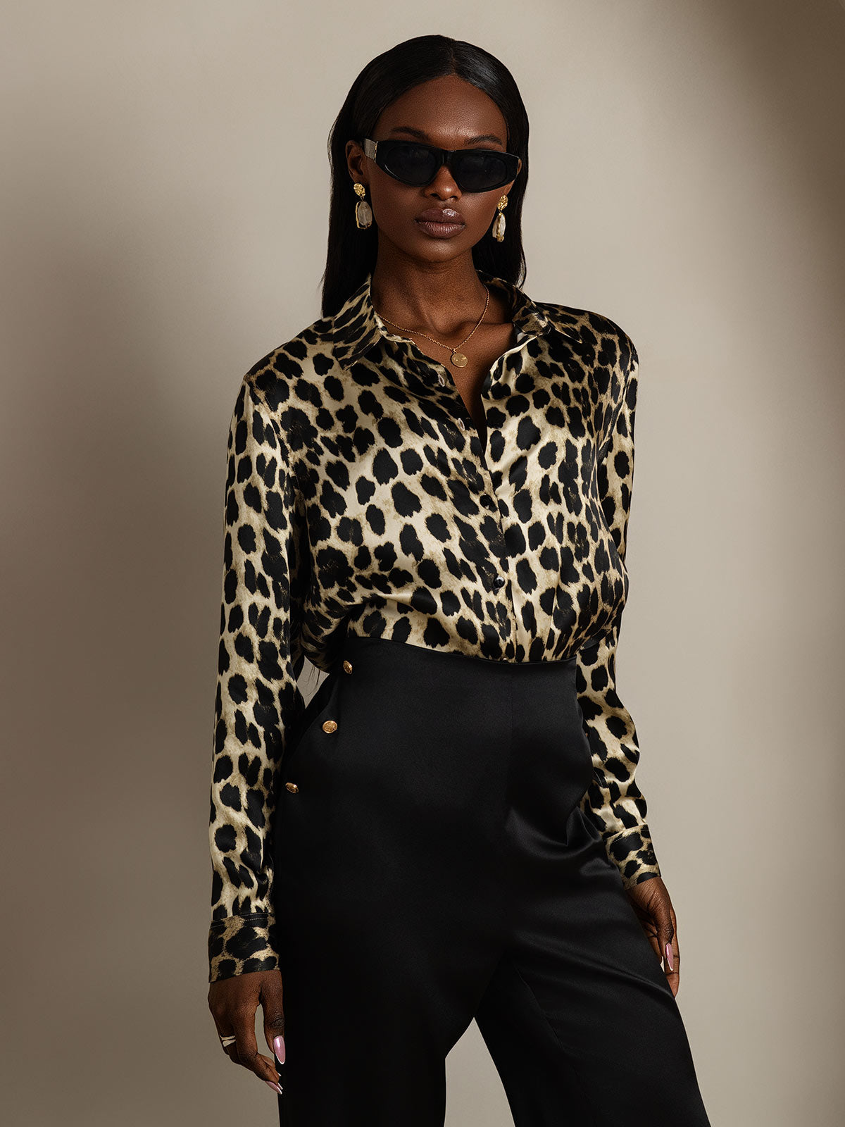 [Leopard] SilkSilky-NO 19Momme Langermet Slagkrage Skjorte for Kvinner 003