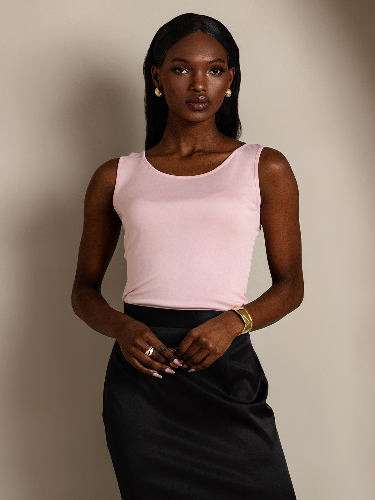 [Rosa] SilkSilky-NO Silk Knitted Sleeveless Round Neck T-skjorte for Kvinner 004