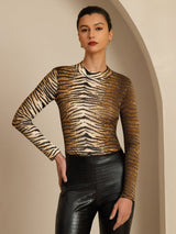 [Tiger] SilkSilky-NO Langermet Falsk Krage T-skjorte for Kvinner 005