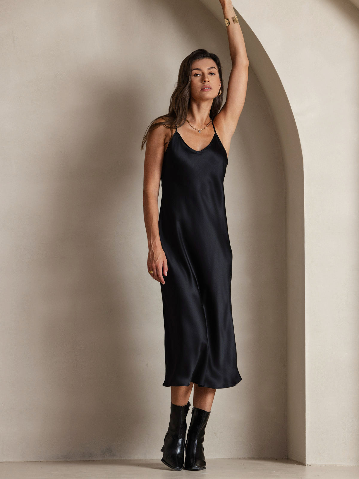 [Svart] SilkSilky-NO Pure Silk Sleeveless Round Neck Kjole 006