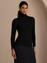 [Svart] SilkSilky-NO Long Sleeve Turtle Neck T-skjorte for Kvinner 003