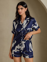 [Marineblå Gepard] SilkSilky-NO Short Sleeve Notch Collar Pyjamas for Kvinner 005