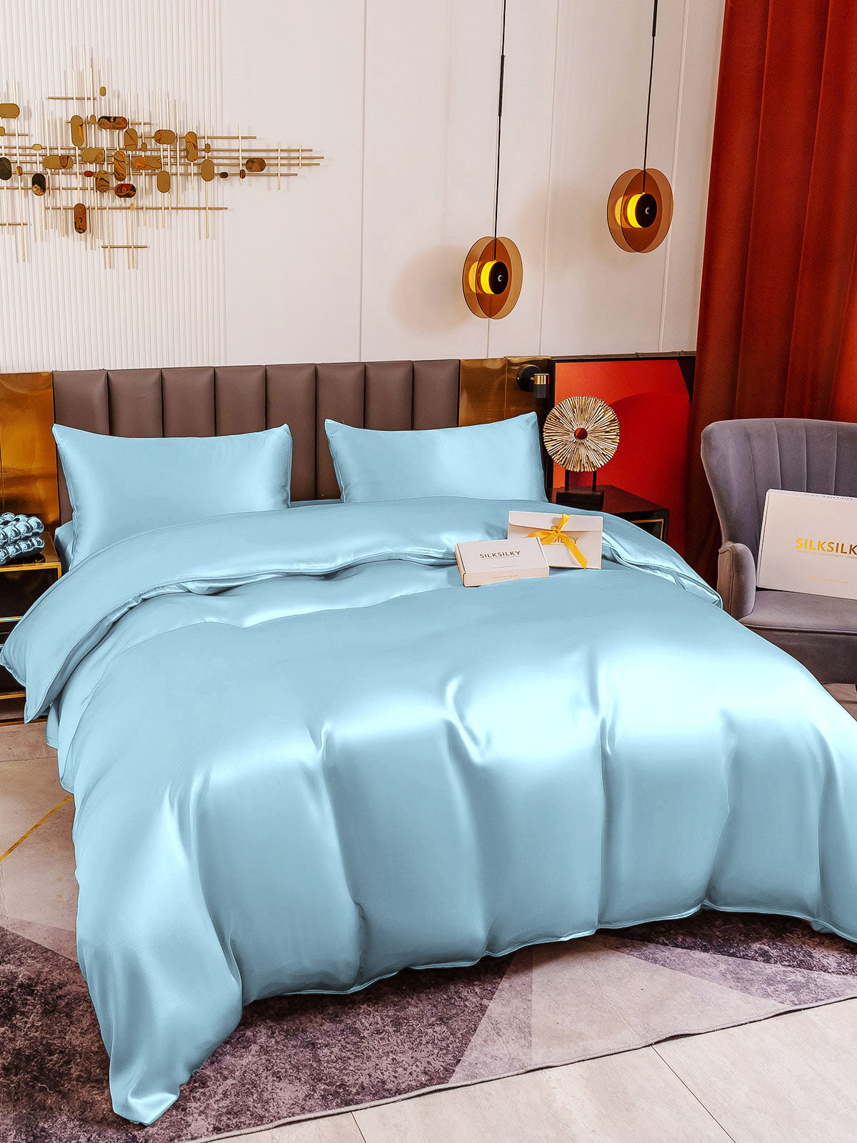 [Lyse Blå] SilkSilky-NO 19Momme Bedding Set 005