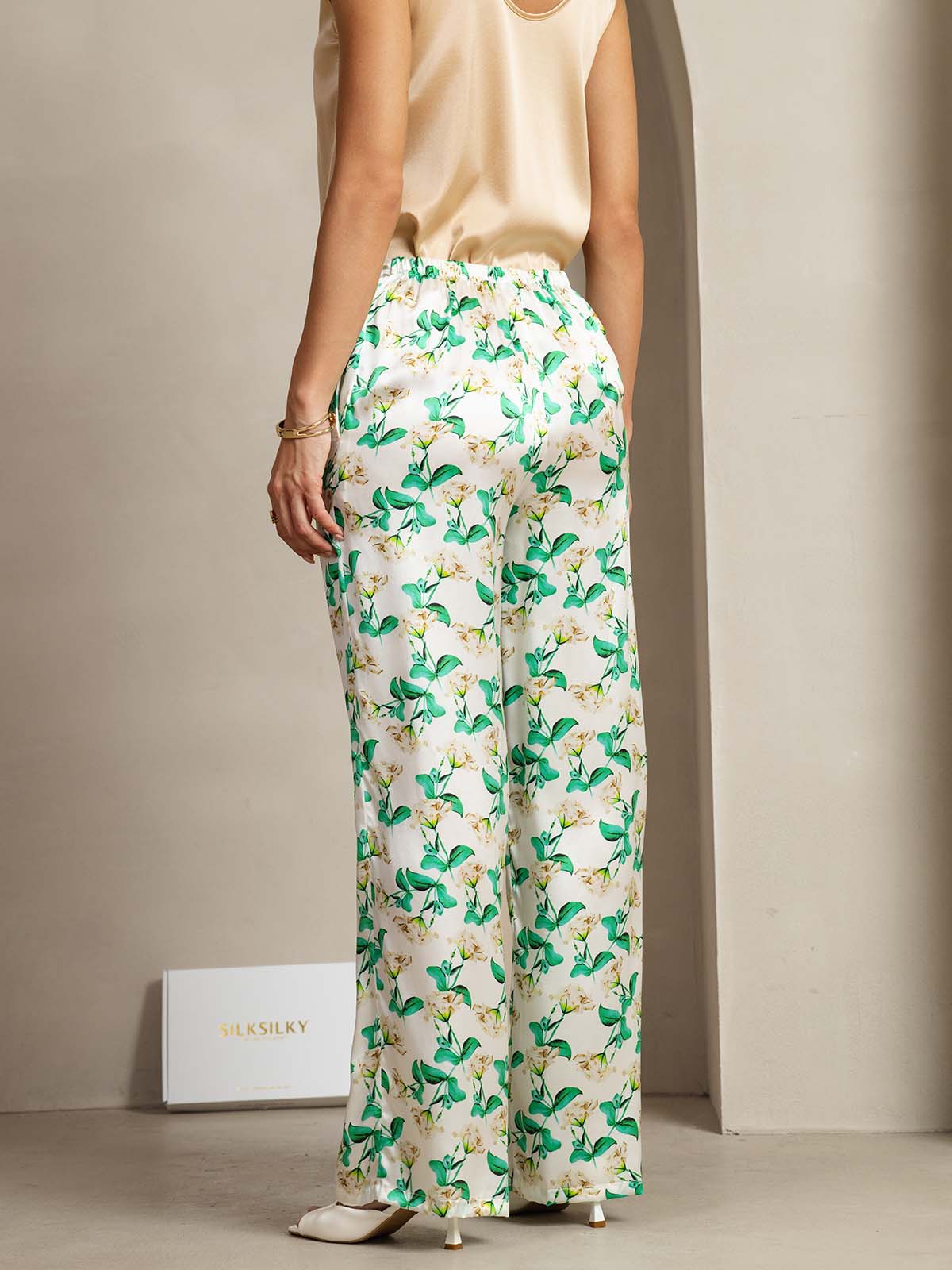 [Grønn Blomster] SilkSilky-NO 19Momme Silke Womens Pants 002