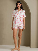 [Hvit Leppestift] SilkSilky-NO Short Sleeve Notch Collar Pyjamas for Kvinner 005