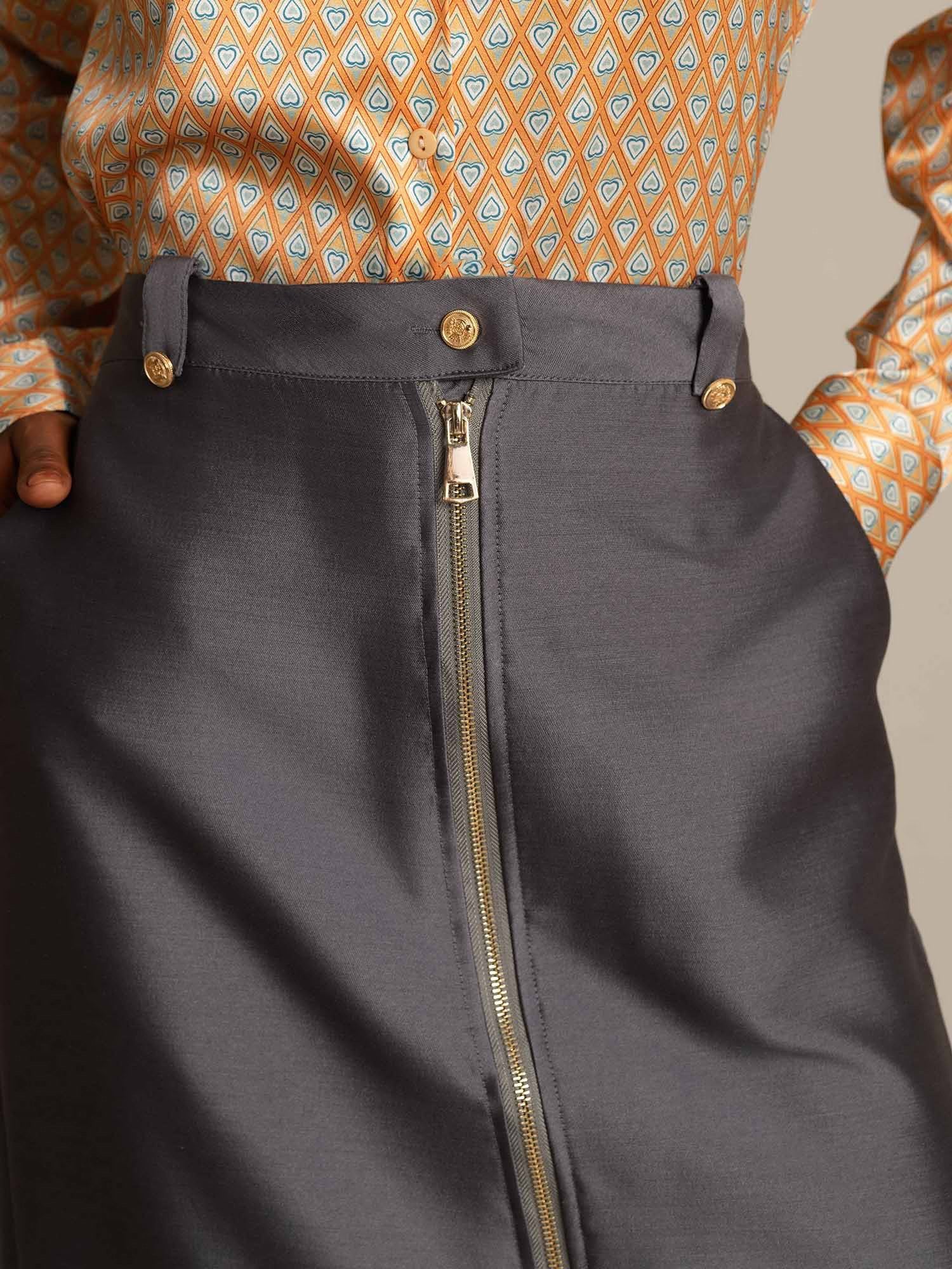 [Grå] SilkSilky-NO 32Momme Silk-Wool Blend Skirt 004,