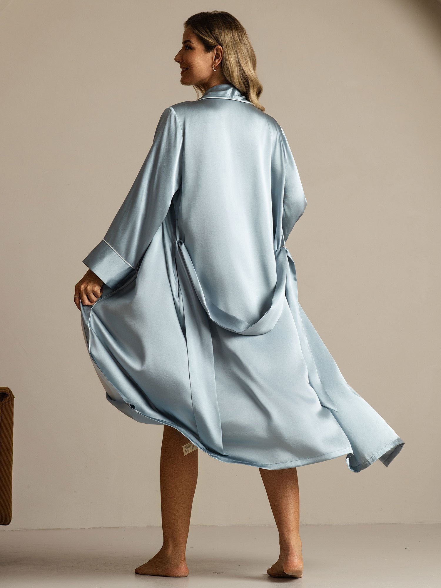 [Gråblå] SilkSilky-NO Long Sleeve Morgenkåpe for Kvinner 002