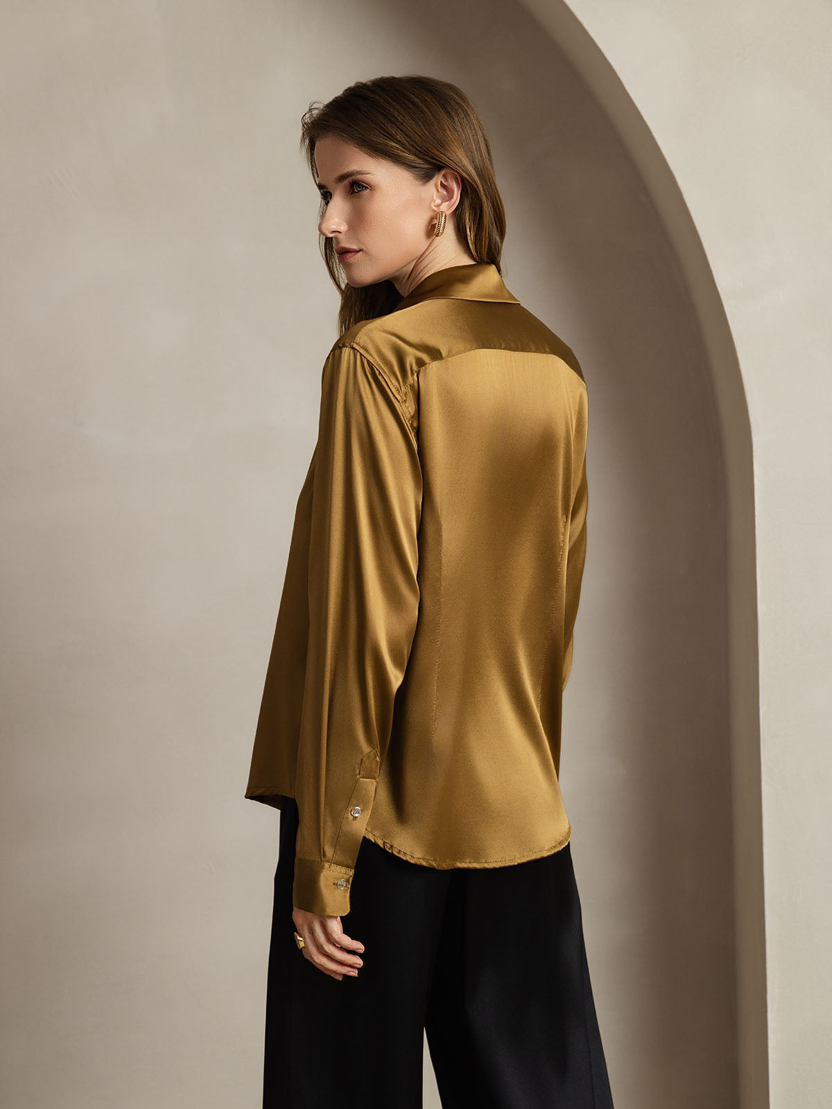 [Bronse] SilkSilky-NO Silke Lapel Collar Skjorte for Kvinner 002
