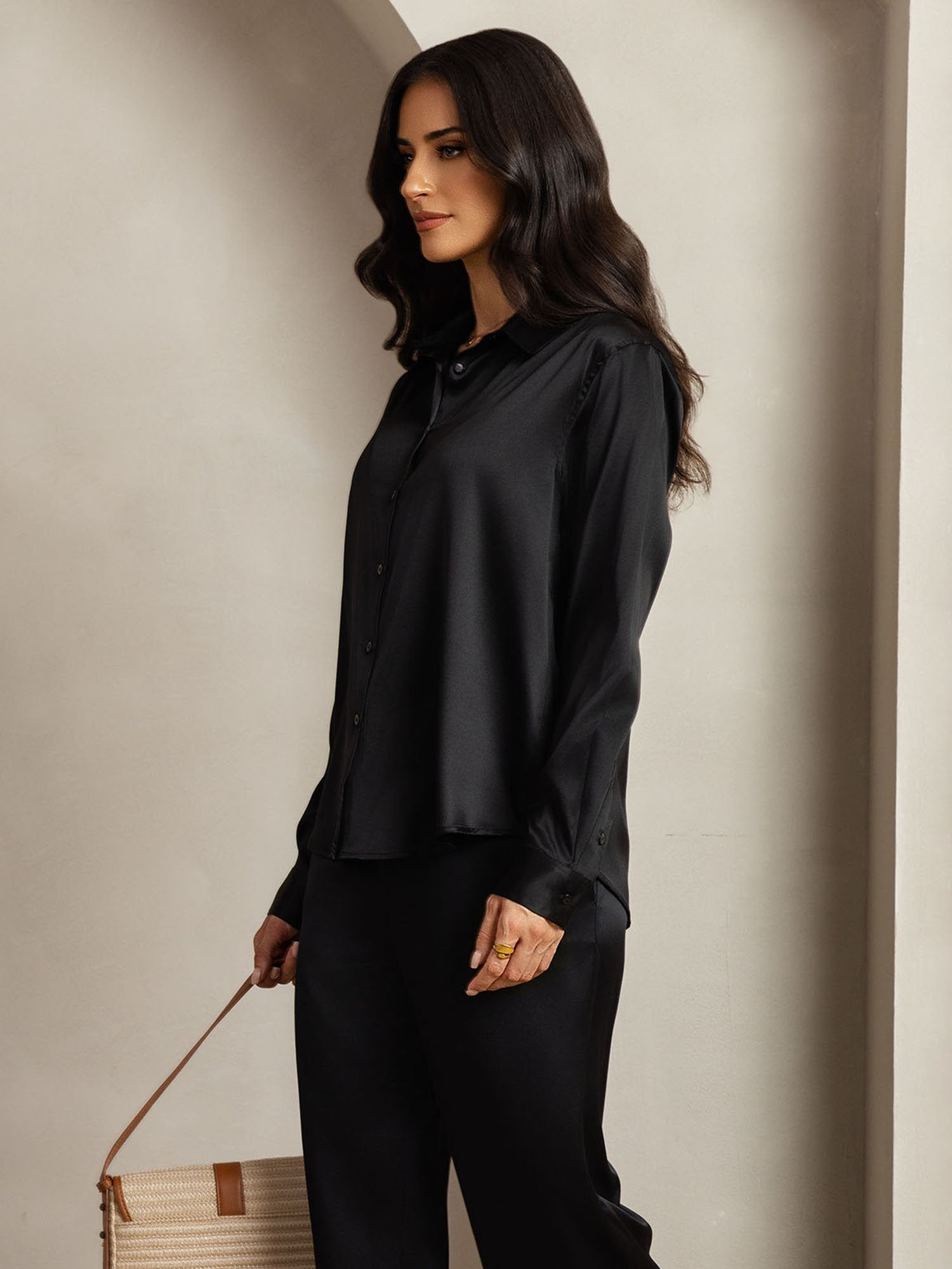 [Svart] SilkSilky-NO 19Momme Silke Lapel Collar Women''s Outfit Sets 006