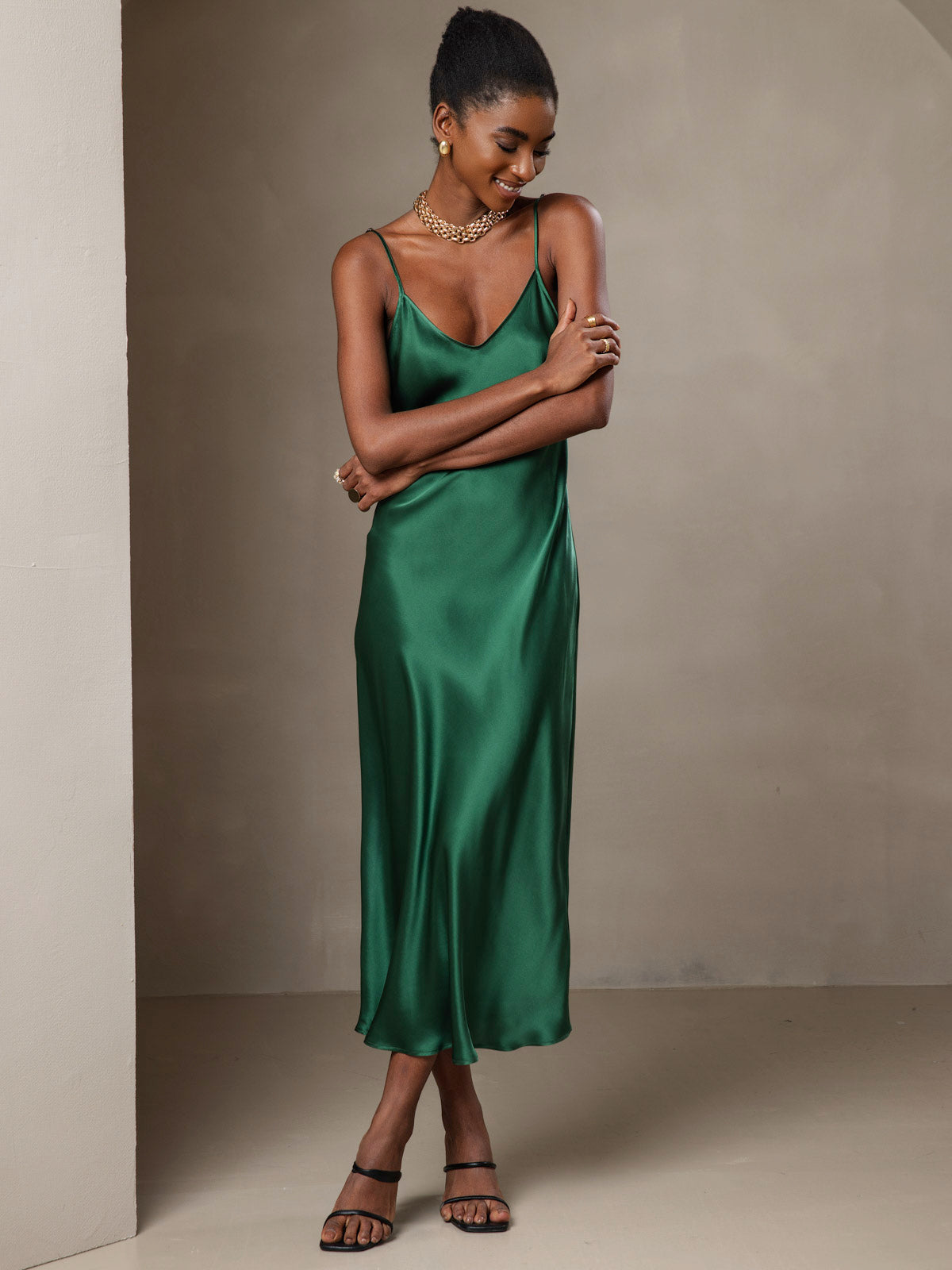 [Grønn] SilkSilky-NO Pure Silk Sleeveless Round Neck Kjole 005