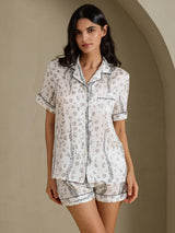 [Hvit Leopard] SilkSilky-NO Short Sleeve Notch Collar Pyjamas for Kvinner 001