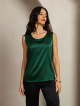 [Mørk Grønn] SilkSilky-NO Sleeveless Round Neck Camisole Topp 001
