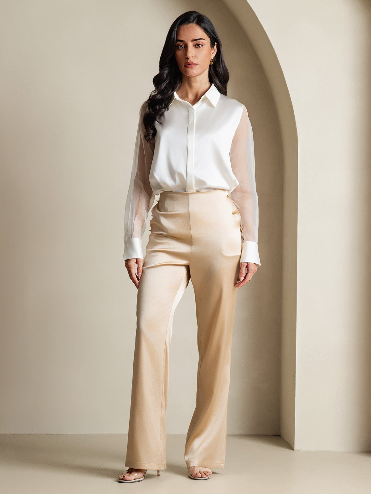 [Hvit] SilkSilky-NO 19Momme Silke Lapel Collar Skjorte for Kvinner 007