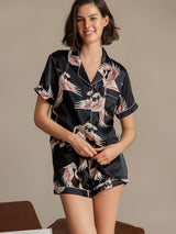 [Svart] SilkSilky-NO Short Sleeve Lapel Collar Pyjamas for Kvinner 001