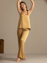 [Tan] SilkSilky-NO 19Momme Ermeløs Dyp Rund Halsutringning Pyjamas for Kvinner 004
