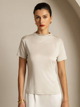 [Grå] SilkSilky-NO 100% Silk Jersey Short Sleeve Falsk Krage T-skjorte for Kvinner 006