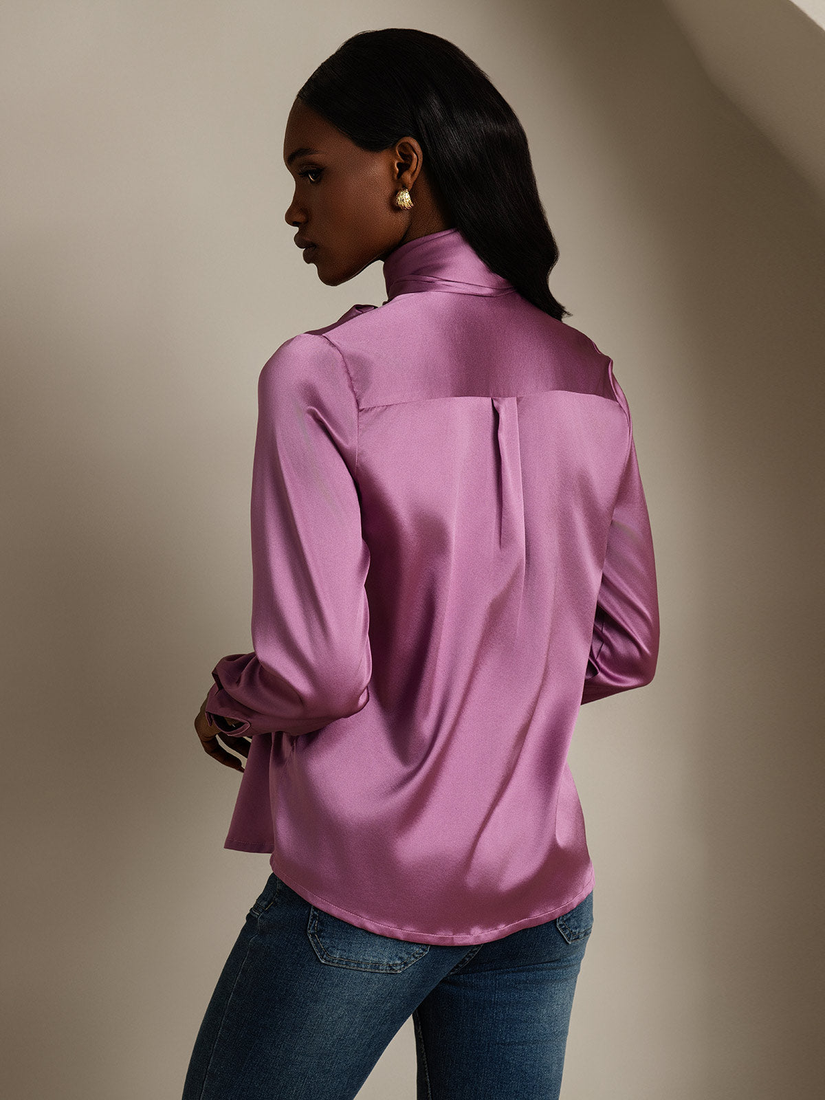 [Mørklilla] SilkSilky-NO 19Momme Silke Long Sleeve Tie Neck Skjorte for Kvinner 002