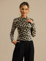 [Leopard] SilkSilky-NO Langermet Falsk Krage T-skjorte for Kvinner 005