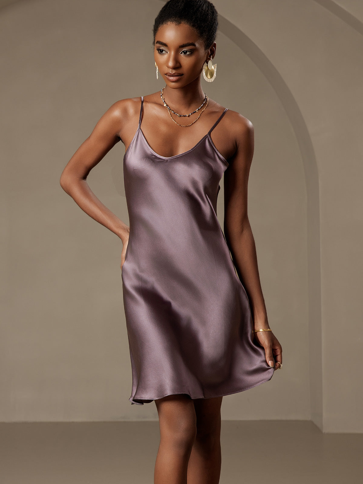 SilkSilky US Pure Silk Sleeveless V Neck Dress PurpleGray 005