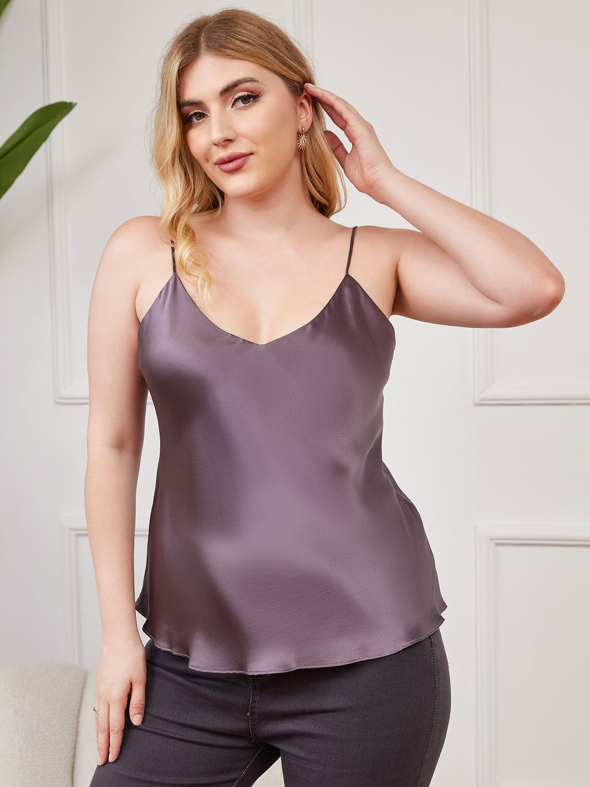 [Lilla Grå] SilkSilky-NO Pure Silk V-Hals Plus Size Camisole Top 004