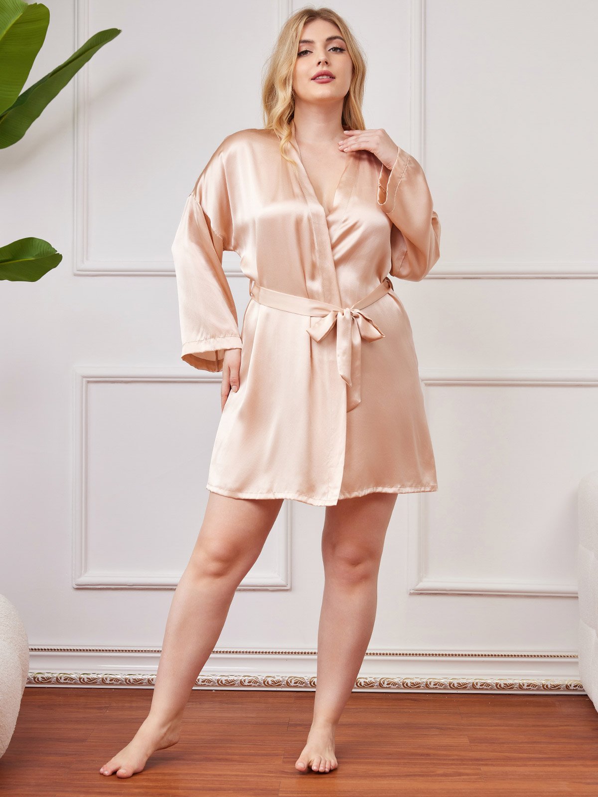 SilkSilky  Pure Silk Long Sleeve Deep V Neck Plus Size Robe Champagne 005