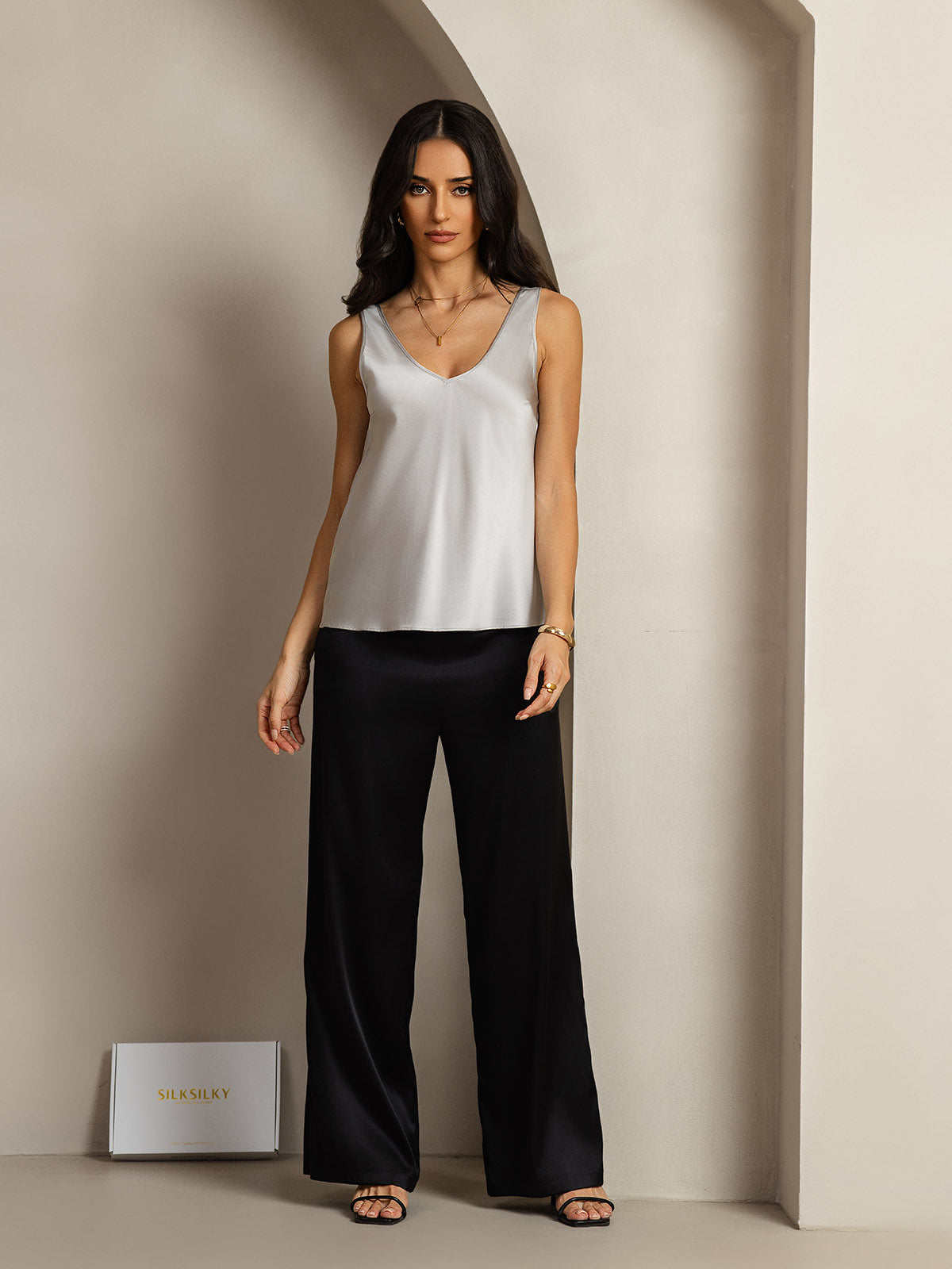 [Sølv] SilkSilky-NO 19Momme Silke V-Hals Camisole Topp 004