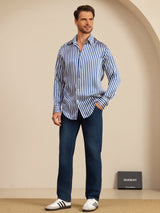 [Marine Stripe] SilkSilky-NO 19Momme Langermet Slagkrage Skjorte for Menn 007