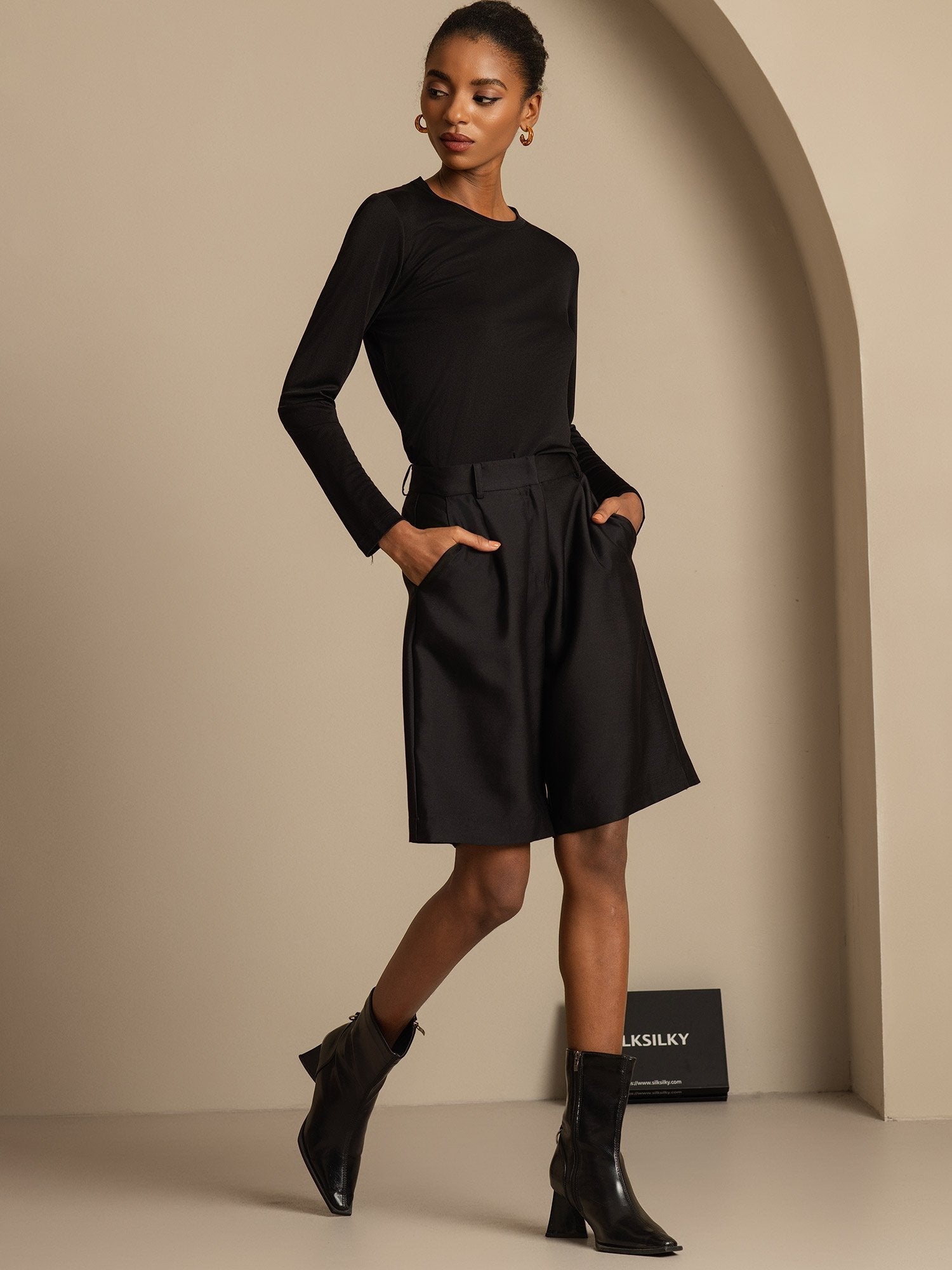 [Svart] SilkSilky-NO 32Momme Silk-Wool Blend Womens Shorts 006,