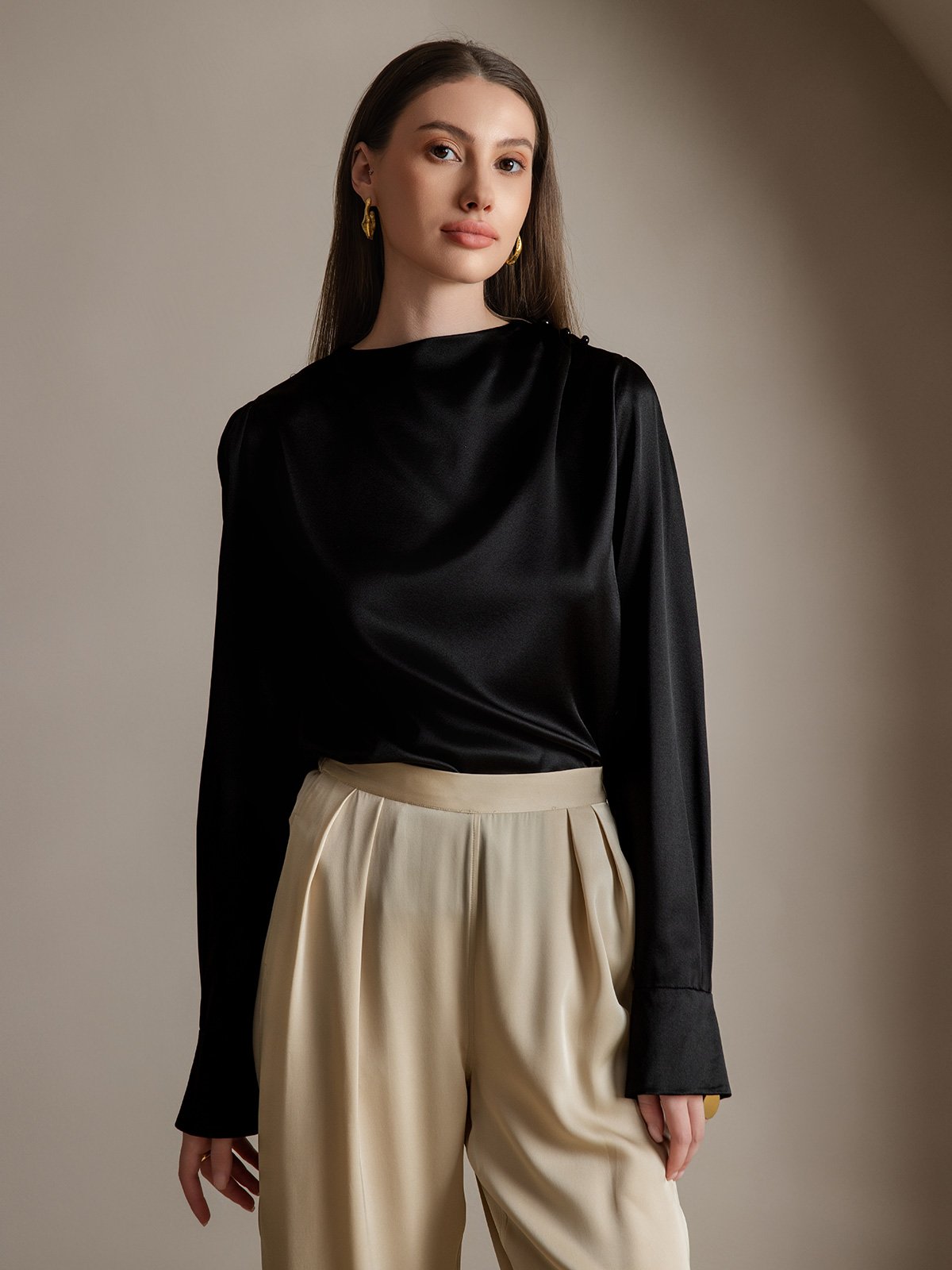 [Svart] SilkSilky-NO 19Momme Silke Womens Shirt 001