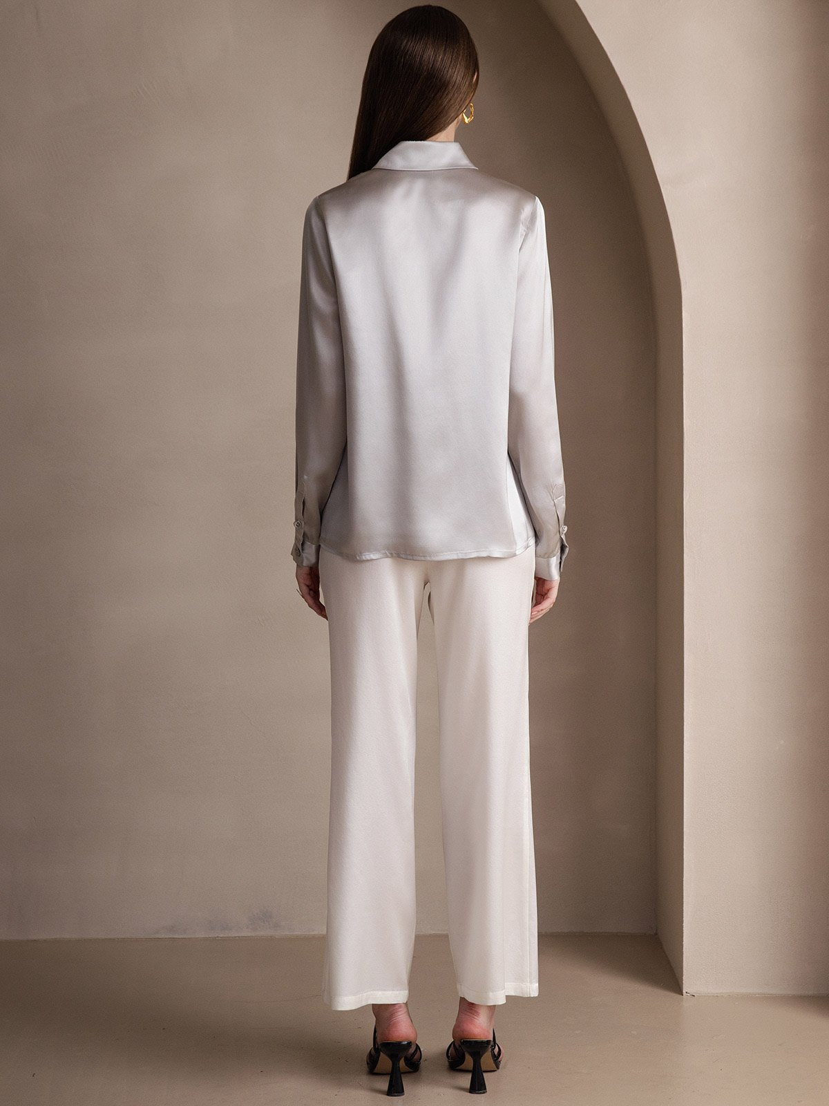 [Lysegrå] SilkSilky-NO Long Sleeve Lapel Collar Skjorte for Kvinner 002