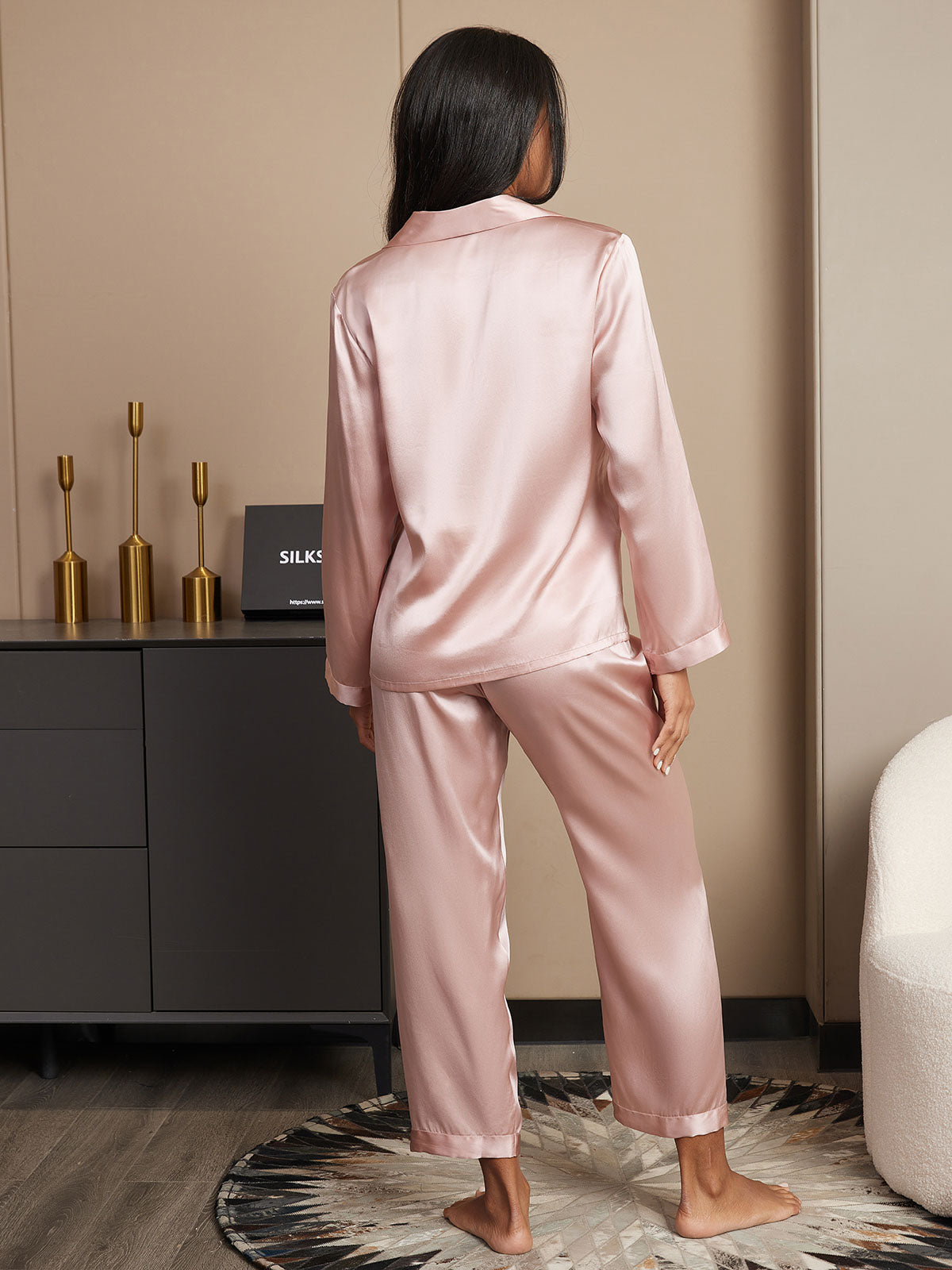[Rosa] SilkSilky-NO Long Sleeve Lapel Collar Pyjamas for Kvinner 002