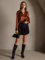 [Karamell] SilkSilky-NO Long Sleeve Lapel Collar Skjorte for Kvinner 005